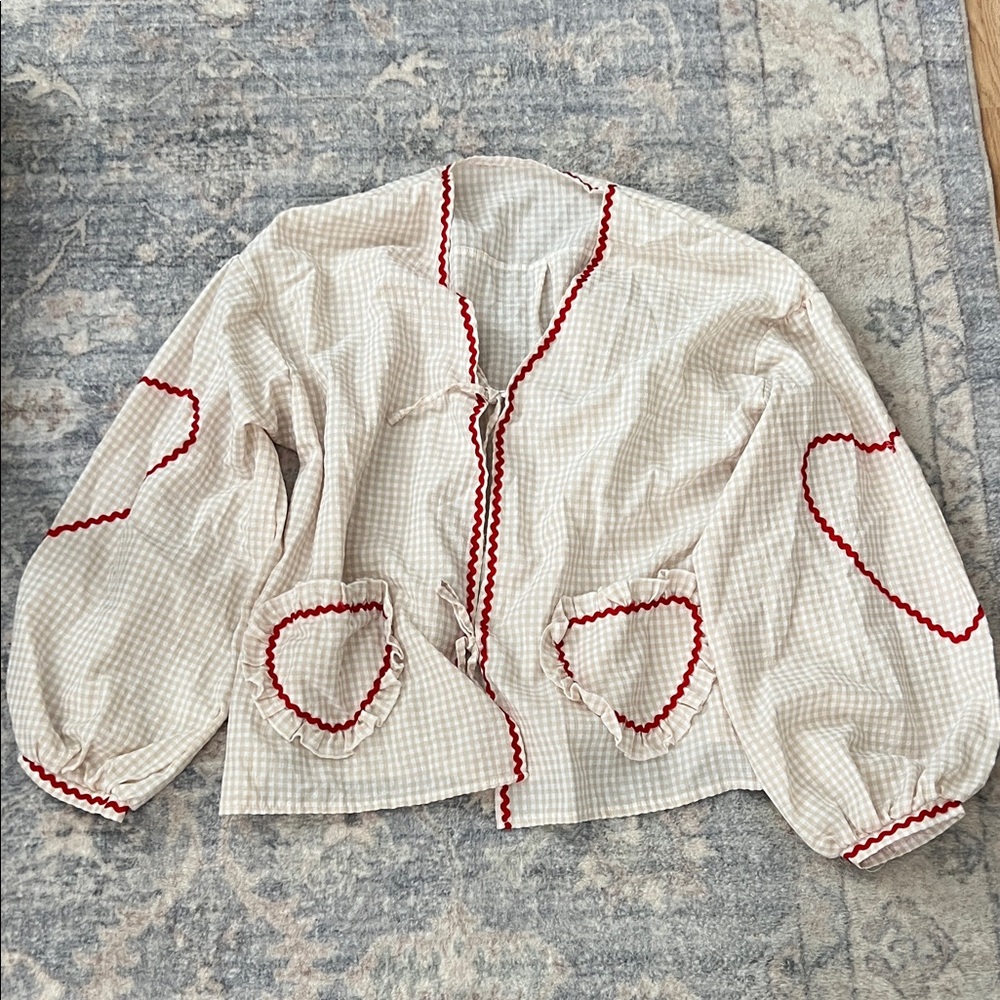 Cream Gingham Jacket with Red Heart Accents